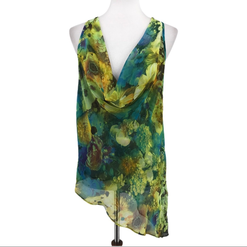 Classique Blue Green Sheer Sleeveless Floral Asymmetrical Top